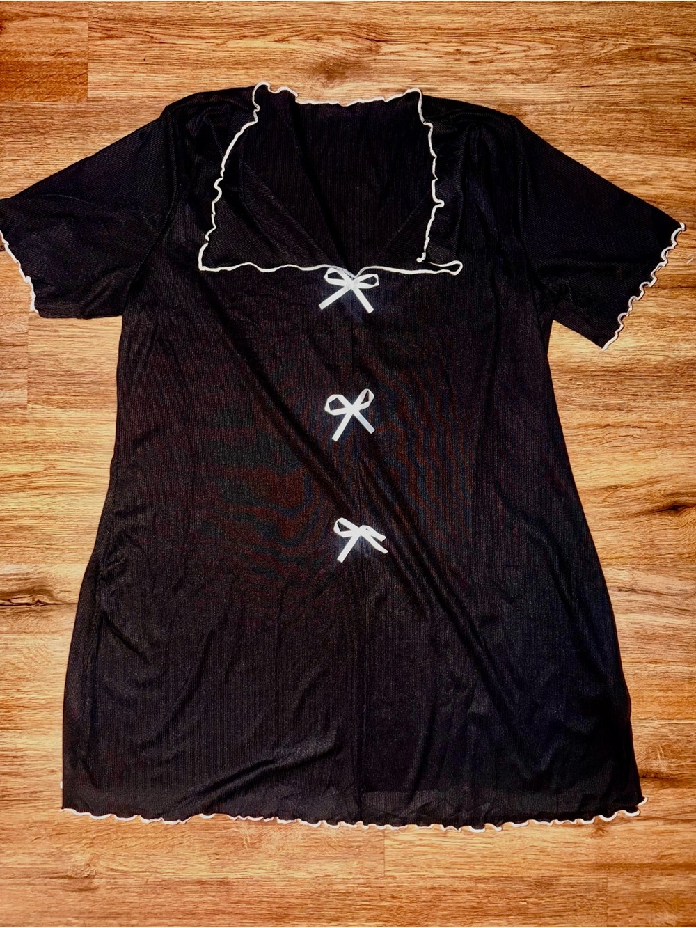 Classic Black Short Sleeve Nightdress with White Bow Detail